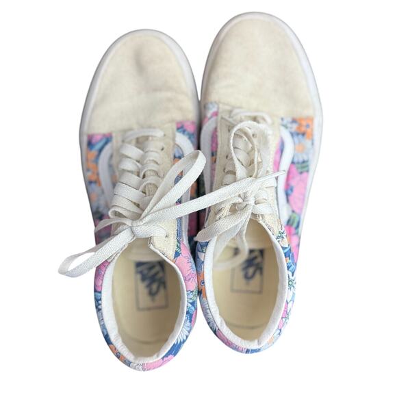 VAN's Old Skool Cream Suede Leather w/ Pink Floral Print Multi-Color - W.8 - EUC - Picture 3 of 9